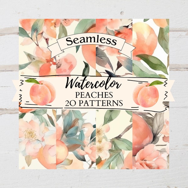 Peach Digital Paper Seamless Pattern Peaches Scrapbook Fruit Watercolor Blossoms Wallpaper Background Printable Summer Clipart Birthday Card