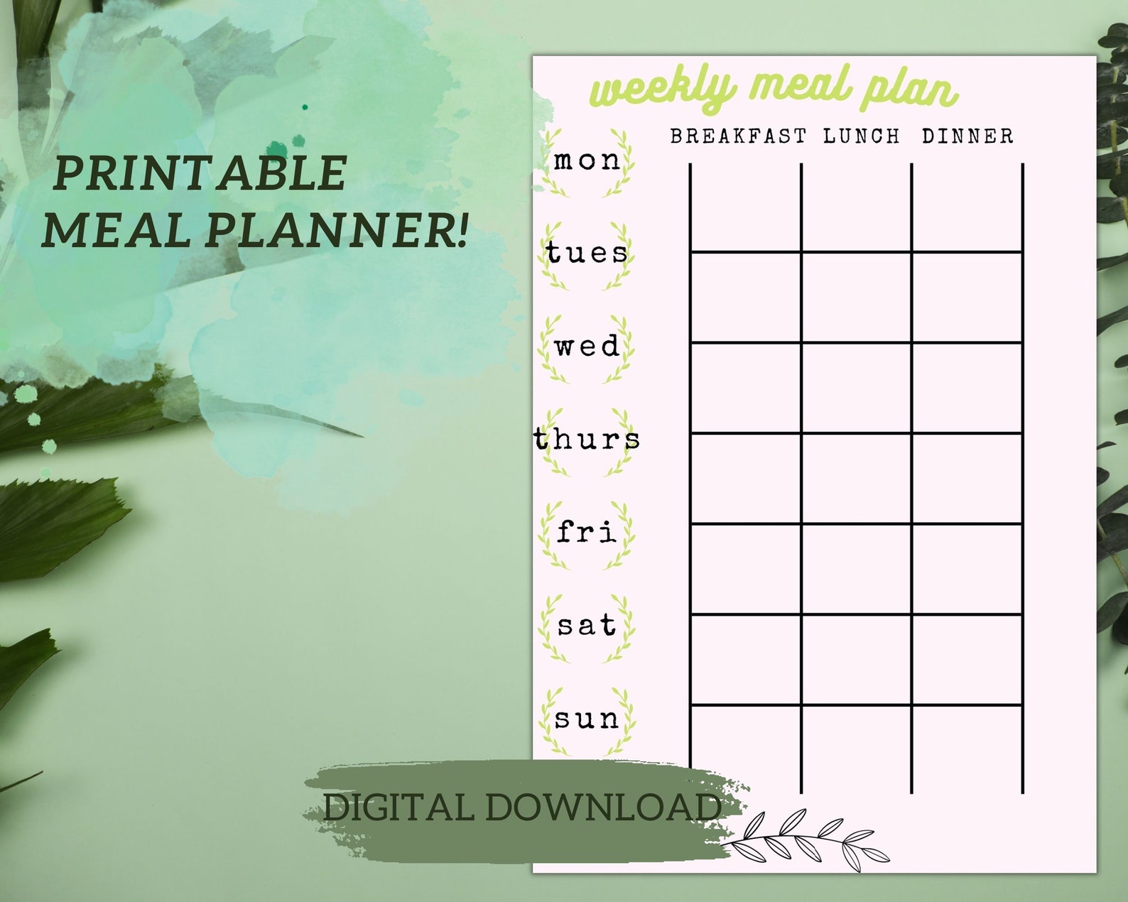 Printable Weekly Meal Planner Food Organizational Tool PDF File Digital