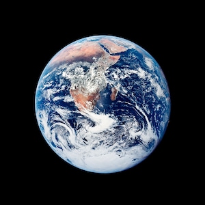 May include: A blue and green globe with white clouds, showing the continents of Africa and South America.