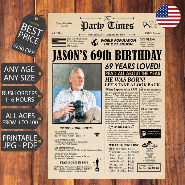 Personalized 69th Birthday, Printable Birthday Decors,  69th Birthday Gift for Women or Men, NEWSPAPER Poster DIGITAL or PRINTED Custom Gift