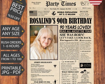 Personalized 90th Birthday, Printable Birthday Decors,  90th Birthday Gift for Women or Men, NEWSPAPER Poster DIGITAL or PRINTED Custom Gift