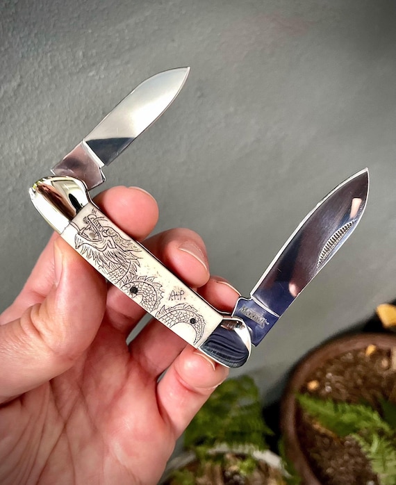 Hand Engraved Scrimshaw 'canoe' Knife, Traditional Pocketknife