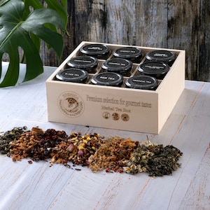 Herbal tea set with 9 different premium natural organic mix inside of customizable poplar tree box with cloth bag