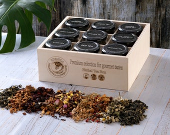 Herbal tea set with 9 different premium natural organic mix inside of customizable poplar tree box with cloth bag