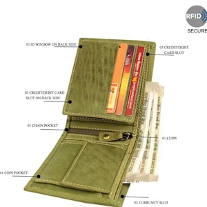 5 Kreditkartenfächer Männer und Frauen Grüne Jäger Leder Brieftasche mit Münz-Reißverschluss handgemachte Brieftasche