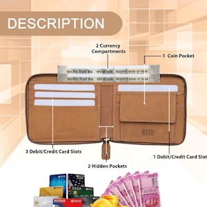 Los mejores regalos para hombres y mujeres Cartera RFID de cuero genuino bronceado étnico, formal y de moda - Tamaño regular (5 ranuras para tarjetas)