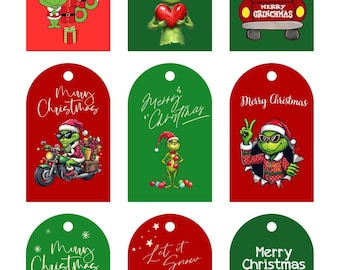 Puede incluir: Conjunto de nueve etiquetas de regalo navideñas con el Grinch en varias escenas festivas. Cada etiqueta tiene un fondo rojo o verde con las palabras "Merry Christmas" o "Let it Snow". El Grinch se representa con un gorro de Papá Noel, sosteniendo un corazón y en moto.