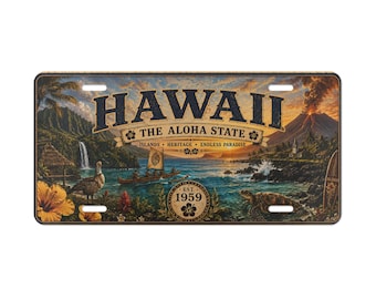Hawaii Heritage License Plate, Aloha State Metal Sign, Tropical Island Volcano Sea Turtle Decor, Hawaiian Beach House Wall Art