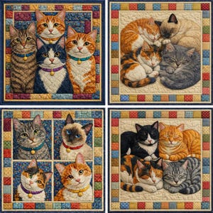 Può includere: Un set di quattro trapunte quadrate a tema gatto. Ogni trapunta presenta una diversa disposizione di gatti, con vari colori e motivi, tra cui tigrato, calico e siamese. Le trapunte sono incorniciate con bordi a fantasia in tonalità di blu, rosso e giallo.
