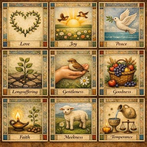 Puede incluir: Nueve ilustraciones cuadradas de estilo vintage, cada una representando una virtud. Las imágenes incluyen una vid en forma de corazón, pájaros, una paloma, una planta, una mano sosteniendo un pájaro, una cesta de frutas, una lámpara, un cordero y una jarra de agua. Cada imagen tiene una palabra correspondiente.