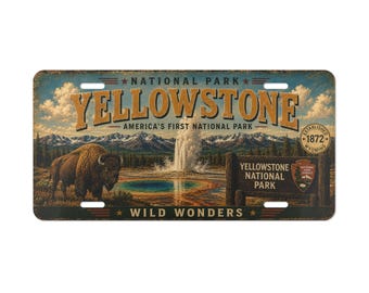 Yellowstone National Park license plate vanity plate | bison geyser retro