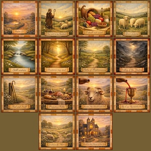 Könnte beinhalten: Eine Sammlung von 12 gerahmten Kunstdrucken mit religiösen Themen. Jeder Druck zeigt eine Landschaftsszene mit Text wie "Psalm 23", "Der Herr ist mein Hirte" und "Güte & Gnade". Die Kunstwerke verwenden warme Farben.