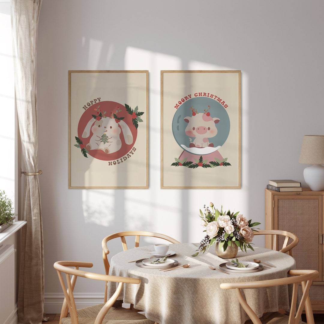 Christmas Bunny & Cow Digital Art Print Set - Etsy