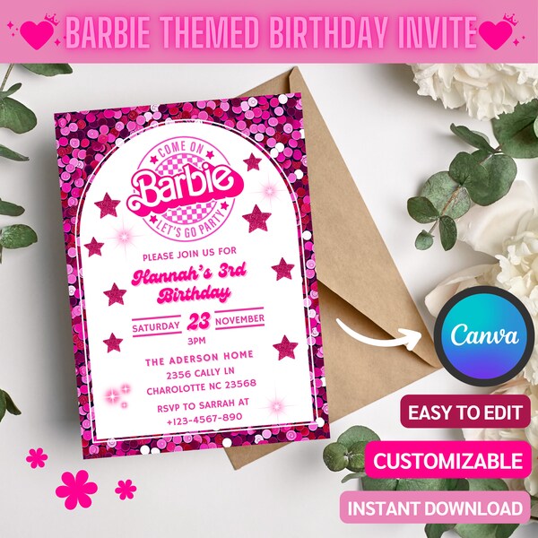 Rosa Glitzer-Geburtstags-Einladung Puppe Einladung Vorlage Prinzessin Themed Decor Party einladen Mädchen bearbeitbar selbstbearbeitbar einladen druckbar.