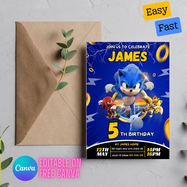 Faire-part d'anniversaire Sonic, Super Hedgehog Boys Party inviter, Faire-part de fête Super Sonic, modèle d'invitation Sonic modifiable, modèle Canva