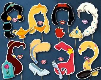May include: A collection of princess-themed photo booth props. Includes cutouts of hairstyles, lips, and accessories like a magic lamp, apple, crown, and glass slipper. Each prop is attached to a wooden stick for easy holding.