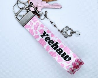 Yee-Haw Cow Print Wristlet, Pink Cowhide Key Fob Keychain, Trendy Cowgirl Wrist Strap Key Holder Gift for Best Friend, Country Girl Car Keys