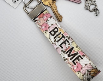 Funny Dog Mom Wristlet Keychain, Bite Me Pink Dog Humor Key Holder Wrist Strap, Woof Anime Cartoon Dog Printed Canvas Key Chain Strap