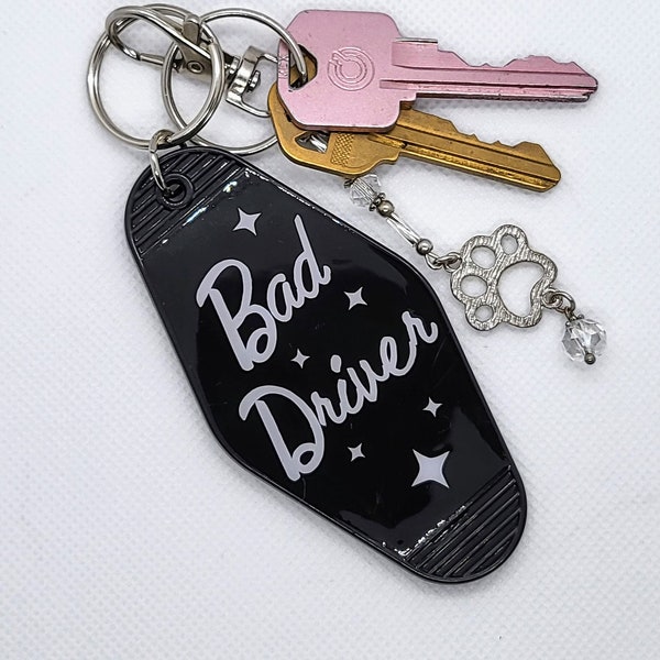 Bad Driver Motel Keychain, Dark Humor Gift Ideas for Girlfriend, Shitty Driver Keychain Decal, Retro Inspired Groovy Font Hotel Key Chains