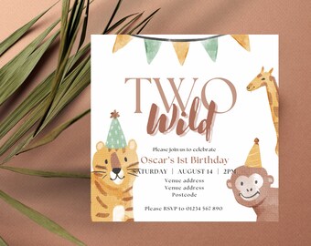 May include: A birthday invitation with a watercolor illustration of a tiger, monkey, and giraffe. The text reads "TWO wild" and "Oscar's 1st Birthday".