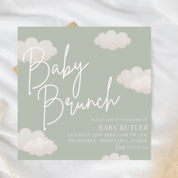 Baby Brunch Invite, Baby Shower Invite, Neutral Baby Shower digital template, Neutral Baby shower editable template, Clouds Baby Shower