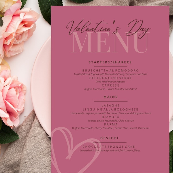 Valentine's Day Menu, Valentine's Menu Template, Printable Valentine's Day Menu, Galentines Dinner Menu Template, Download Now, Digital