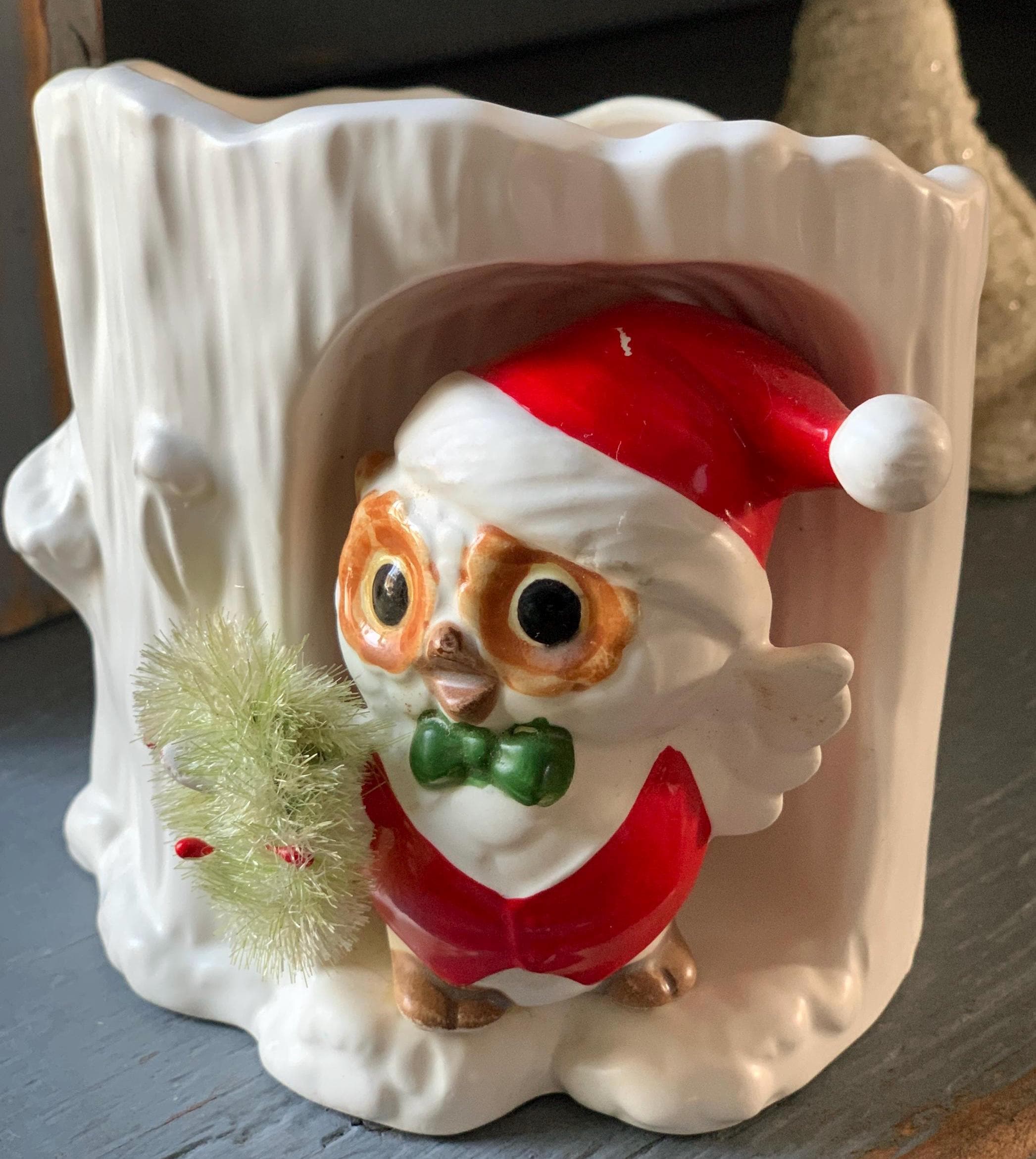 Vintage Napco Christmas Owl Planter/Candy dish