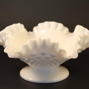 Vintage Fenton Hobnail Milk Glass Ruffled Bowl
