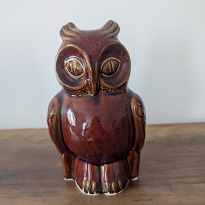 May include: A glossy, dark brown ceramic owl figurine featuring a smooth, reflective finish. The owl has large, almond-shaped eyes, pointed ear tufts, and detailed wing markings, standing in an upright, alert posture with a rounded body shape.