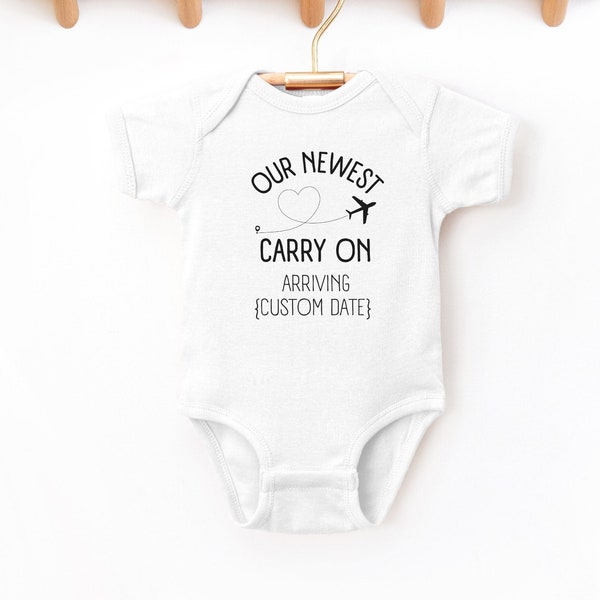 Our Newest Carry On Custom Date Infant Bodysuit | Personalized Travel Pregnancy Announcement | Customized Baby Outfit, Future World Traveler