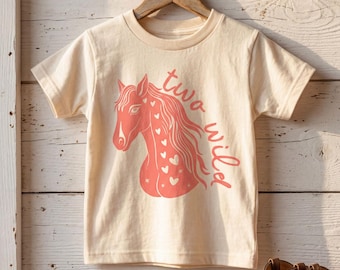 Second Birthday Kids T-Shirt | Two Wild, Boho Pink Horse, Western Toddler Tee | Wild West, Rodeo, Cowgirl Theme 2nd Bday Party Outfit, Girl