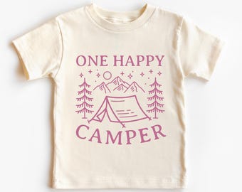 First Birthday T-Shirt, Infant Bodysuit, One Happy Camper, Pink Print, Baby Tee,  Girl’s 1st Bday Outfit, Camping, Mountain, Matching Family