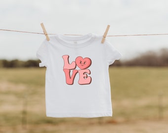 Retro Love Valentines Day Fine Jersey Tee, Super Cute Girl’s Valentine’s Day T-Shirt, Groovy Kids Shirt