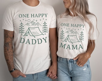 One Happy Mama, Daddy Short Sleeve T-Shirt | Matching One Happy Camper Shirt | 1st Bday Family Outfit | Mom and Dad | Camping, Outdoor Theme