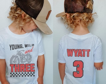 Customized Third Birthday Kid’s T-Shirt | Young, Wild and Three, Custom with Name on Back | Motocross, Racing, Dirt Bike 3rd Bday Party Boy