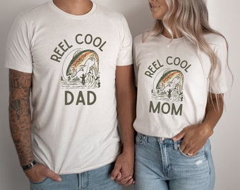 Reel Cool Mom, Dad Matching T-Shirts | New Parents Gift | Cute Pregnancy, Baby Announcement Idea | Fly Fishing Family | Rainbow Trout Design