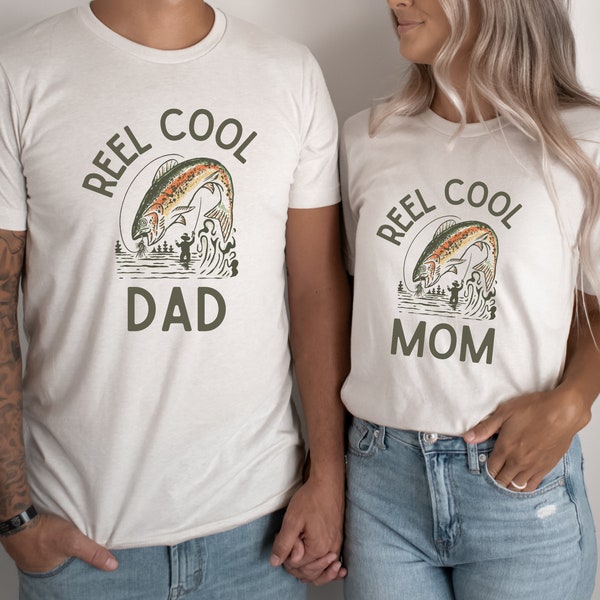 Reel Cool Mom, Dad Matching T-Shirts | New Parents Gift | Cute Pregnancy, Baby Announcement Idea | Fly Fishing Family | Rainbow Trout Design