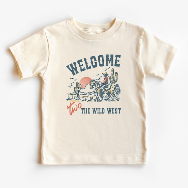 Second Birthday Kid’s T-Shirt | Welcome Two the Wild West Toddler Tee | Desert, Western, Cowboy, Rodeo Theme 4th Bday Part, Boy | 2 Year Old