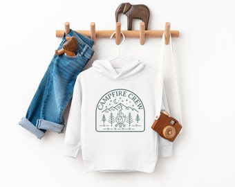 Campfire Crew Toddler Fleece Hoodie | Boho Mountains, Wilderness Kid’s Pullover Crewneck Sweatshirt | Camping Trip Outfit | Gift Boy, Girl