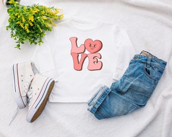 Retro Love Valentine’s Day Toddler Long Sleeve Tee, Super Cute Girl’s Valentines Day Groovy Shirt