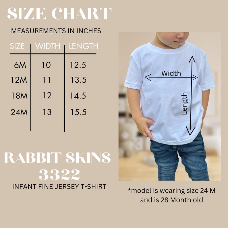 May include: Size chart for infant fine jersey t-shirts. The chart shows sizes 6M, 12M, 18M, and 24M with corresponding width and length measurements in inches. A child model is wearing a white t-shirt and blue jeans.