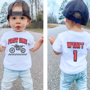 Customized First Birthday T-Shirt | Fast One Tee, Personalized with Name on Back Tee | Motocross, Racing, Dirt Bike 1st Bday Outfit, Boy