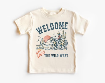 Second Birthday Kid’s T-Shirt | Welcome Two the Wild West Toddler Tee | Desert, Western, Cowboy, Rodeo Theme 4th Bday Part, Boy | 2 Year Old