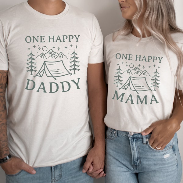 One Happy Mama, Daddy Short Sleeve T-Shirt | Matching One Happy Camper Shirt | 1st Bday Family Outfit | Mom and Dad | Camping, Outdoor Theme