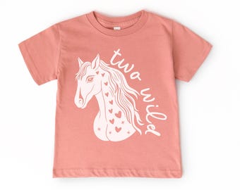 Second Birthday Kids T-Shirt | Two Wild, Boho Pink Horse, Western Toddler Tee | Wild West, Rodeo, Cowgirl Theme 2nd Bday Party Outfit, Girl