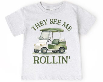 Kid’s Golfing Theme T-Shirt | They See Me Rollin’, Golf Cart Shirt | Infant, Toddler Short Sleeve Tee | Cute Funny Golfer Gift, Baby Shower