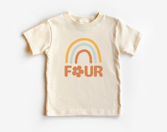 Four, Birthday Short Sleeve T-Shirt | Boho Rainbow, Floral Tee | Retro, Four-ever Groovy | Pastel, Neutral Color | Girl’s Fourth, 4th Bday