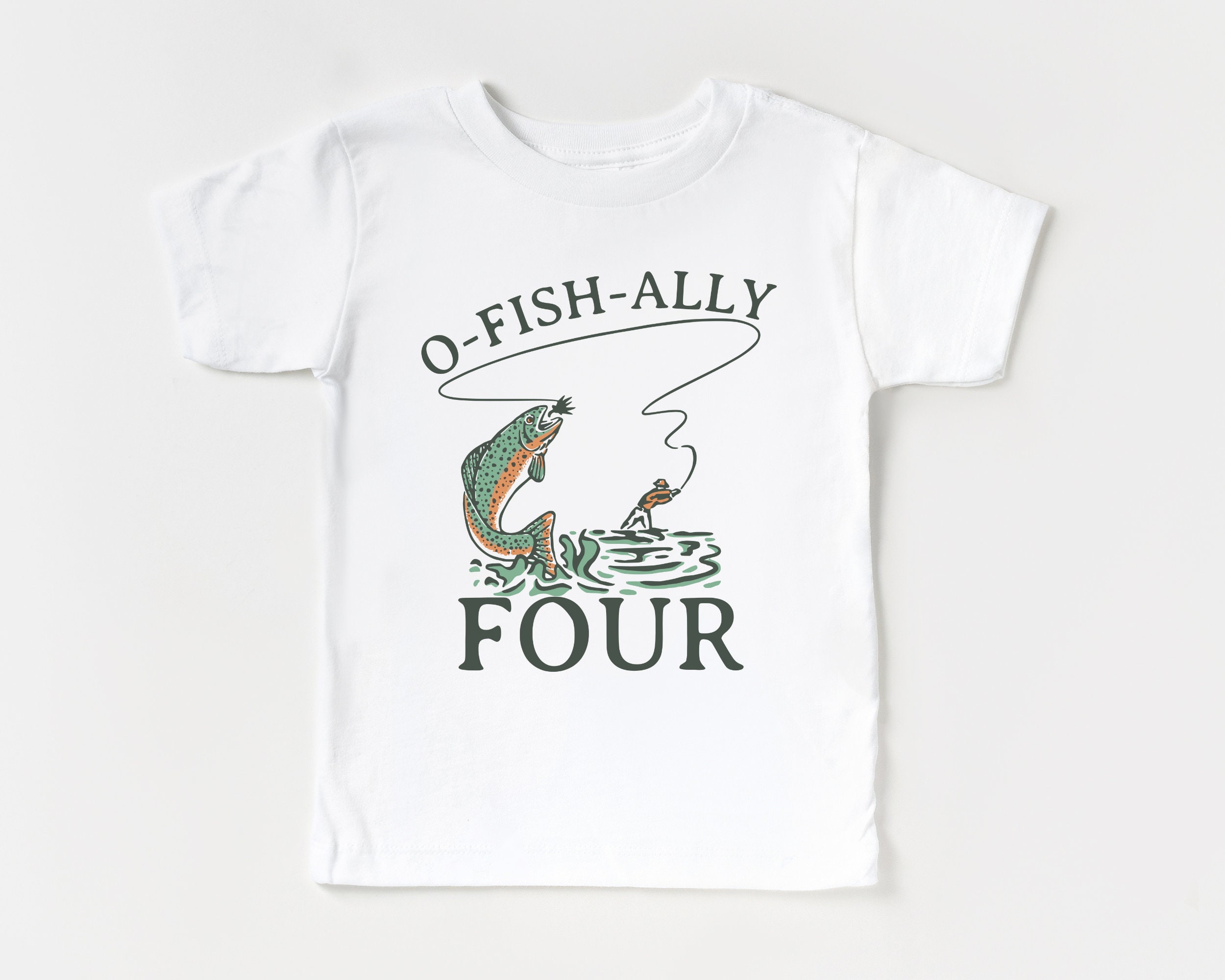Fourth Birthday Kid's Shirt | O-fish-ally Four Toddler Tee | Boho Fly Fishing, Rainbow Trout T-Shirt | Matching Family | 4th Bday Party Boy