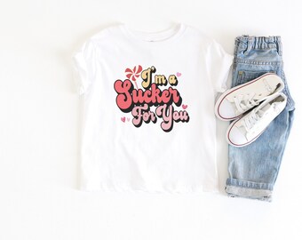 I’m a Sucker for You Valentine’s Day White Fine Jersey Kids Tee, Cute Valentines Day Pun T-Shirt