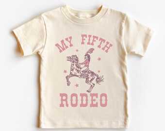 My Fifth Rodeo Toddler T-Shirt | 5th Bday Outfit Girl | Super Cute Boho Wild West, Western, Pink Purple Cowgirl Shirt | 5 Year Old Kid’s Tee